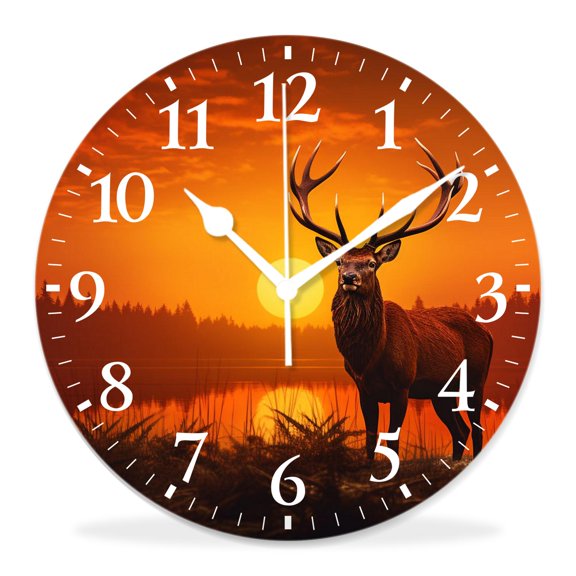 10 Inch Wall Clock Battery Operated Silent Clock Decorative for Office, Kitchen, Outdoor, Living RoomDeer at Sunset Design