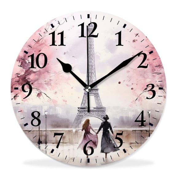 10 Inch Wall Clock Battery Operated Silent Clock Decorative for Office, Kitchen, Outdoor, Living RoomEiffel Tower Couple Beautiful Paris