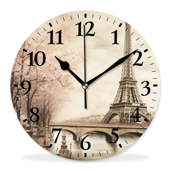 10 Inch Wall Clock Battery Operated Silent Clock Decorative for Office, Kitchen, Outdoor, Living RoomEiffel Tower Retro Paris Cute