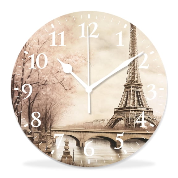 10 Inch Wall Clock Battery Operated Silent Clock Decorative for Office, Kitchen, Outdoor, Living RoomEiffel Tower Retro Paris Cute