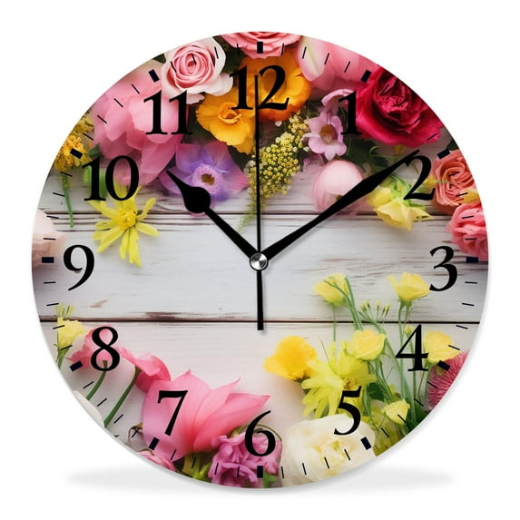 10 Inch Wall Clock Battery Operated Silent Clock Decorative for Office, Kitchen, Outdoor, Living RoomFlowers Frame on White Wooden Background Drawing