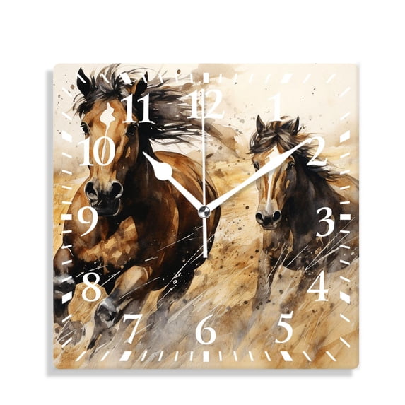 10 Inch Wall Clock Battery Operated Silent Clock Decorative for Office, Kitchen, Outdoor, Living RoomGalloping Brown Horses Painting