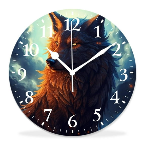 10 Inch Wall Clock Battery Operated Silent Clock Decorative for Office, Kitchen, Outdoor, Living RoomGolden Moon Wolf Lovely Drawing