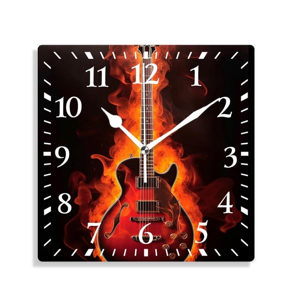 10 Inch Wall Clock Battery Operated Silent Clock Decorative for Office, Kitchen, Outdoor, Living RoomGuitar Fire Print