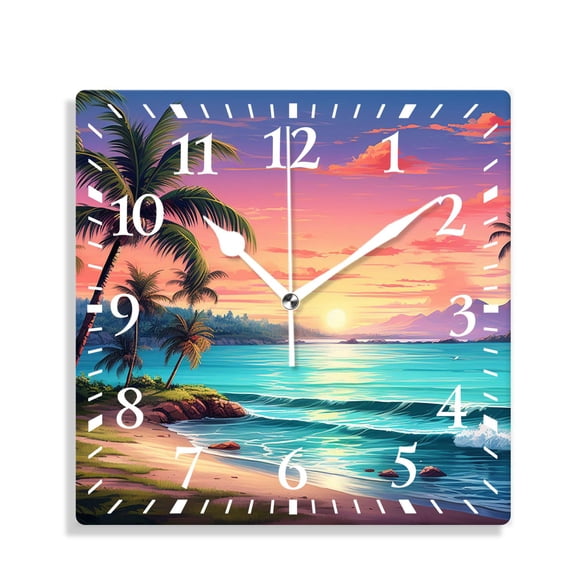 10 Inch Wall Clock Battery Operated Silent Clock Decorative for Office, Kitchen, Outdoor, Living RoomHawaii Beach with Palm Trees Pattern