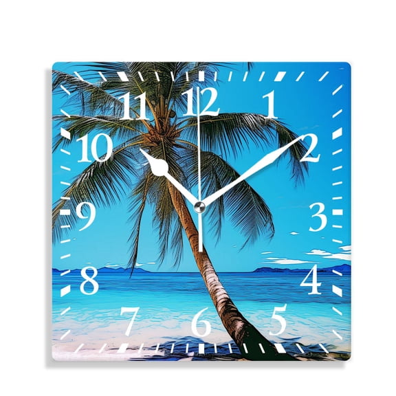 10 Inch Wall Clock Battery Operated Silent Clock Decorative for Office, Kitchen, Outdoor, Living RoomHawaii Beach with Palm Trees Print