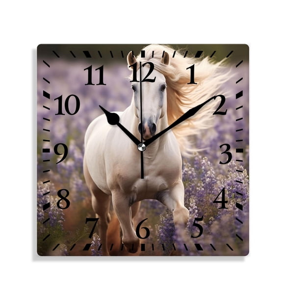 10 Inch Wall Clock Battery Operated Silent Clock Decorative for Office, Kitchen, Outdoor, Living RoomHorse Run with Flowers at Sunset Art