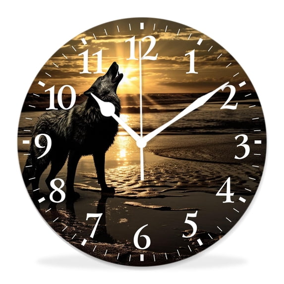 10 Inch Wall Clock Battery Operated Silent Clock Decorative for Office, Kitchen, Outdoor, Living RoomHowling Lonely Wolf Cute Pattern