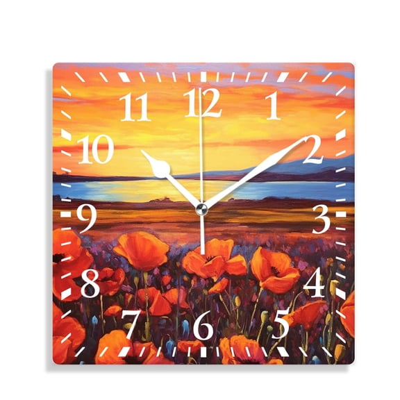 10 Inch Wall Clock Battery Operated Silent Clock Decorative for Office, Kitchen, Outdoor, Living RoomOil Panting Poppy Print