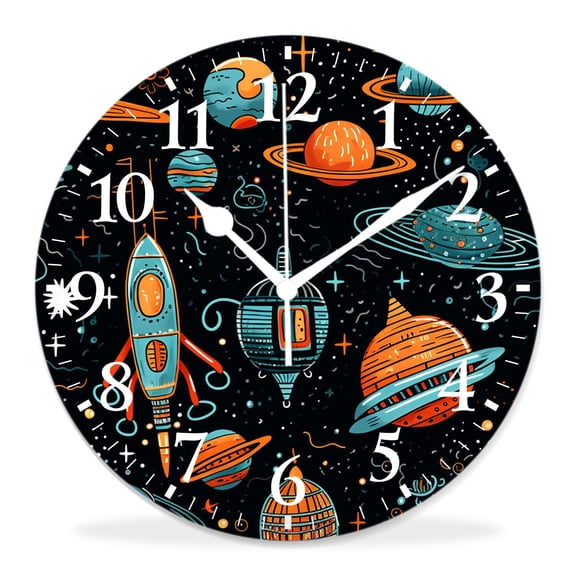 10 Inch Wall Clock Battery Operated Silent Clock Decorative for Office, Kitchen, Outdoor, Living RoomOuter Space Pattern Rocket Planet Ufo Star Style