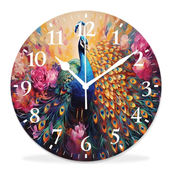 10 Inch Wall Clock Battery Operated Silent Clock Decorative for Office, Kitchen, Outdoor, Living RoomPeacock Displaying Its Train Beautiful Pattern