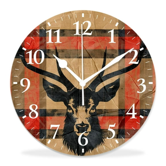10 Inch Wall Clock Battery Operated Silent Clock Decorative for Office, Kitchen, Outdoor, Living RoomRed Plaid Deer Antler on Beige Charming