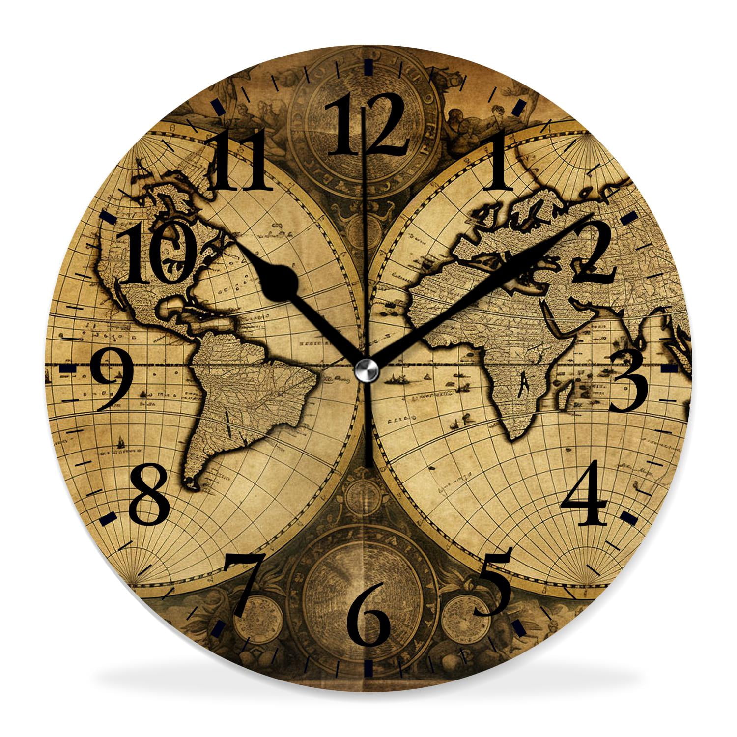 10 Inch Wall Clock Battery Operated Silent Clock Decorative for Office, Kitchen, Outdoor, Living RoomRetro World Map Beautiful Art