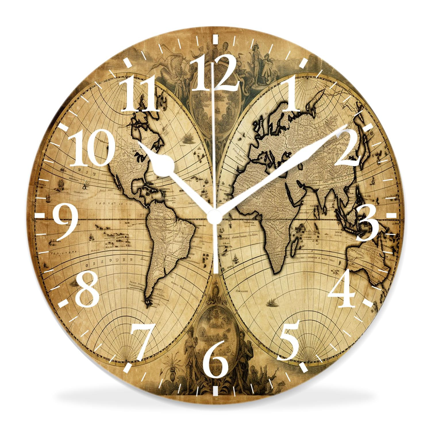10 Inch Wall Clock Battery Operated Silent Clock Decorative for Office, Kitchen, Outdoor, Living RoomRetro World Map