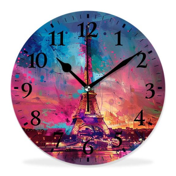 10 Inch Wall Clock Battery Operated Silent Clock Decorative for Office, Kitchen, Outdoor, Living RoomRomantic Eiffel Tower Natural