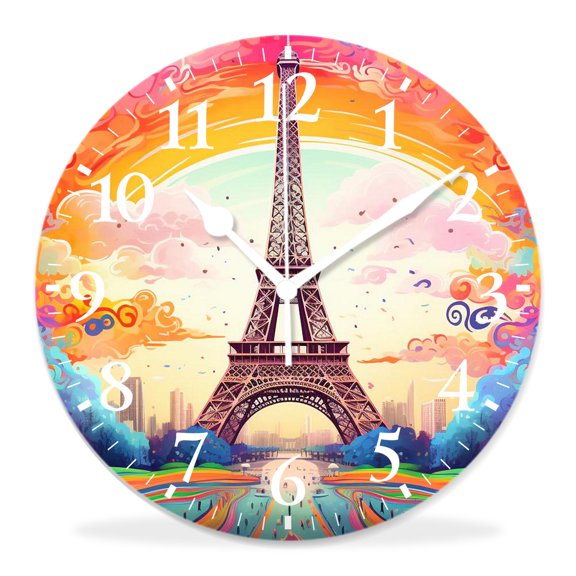 10 Inch Wall Clock Battery Operated Silent Clock Decorative for Office, Kitchen, Outdoor, Living RoomRomantic Eiffel Tower Style