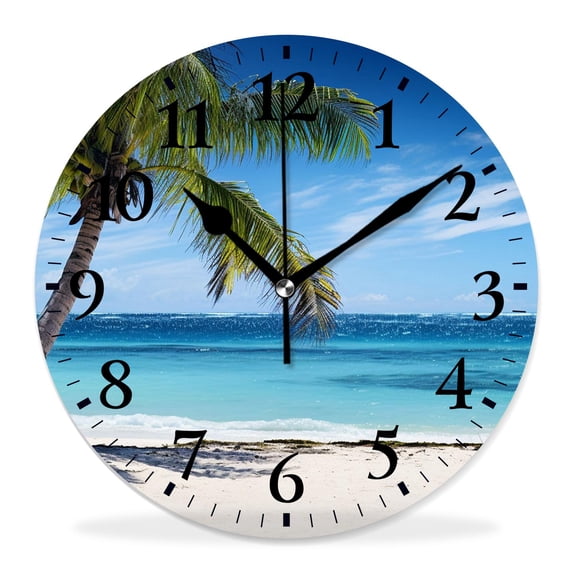 10 Inch Wall Clock Battery Operated Silent Clock Decorative for Office, Kitchen, Outdoor, Living RoomScenic Coral Beach with Palm Tree Art