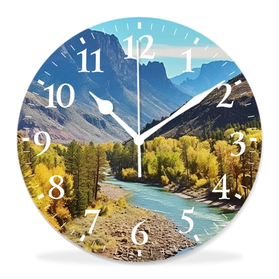 10 Inch Wall Clock Battery Operated Silent Clock Decorative for Office, Kitchen, Outdoor, Living RoomScenic Green Pine Tree Waterfall Landscape Cute