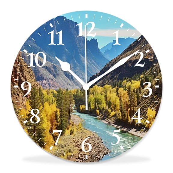 10 Inch Wall Clock Battery Operated Silent Clock Decorative for Office, Kitchen, Outdoor, Living RoomScenic Green Pine Tree Waterfall Landscape Cute