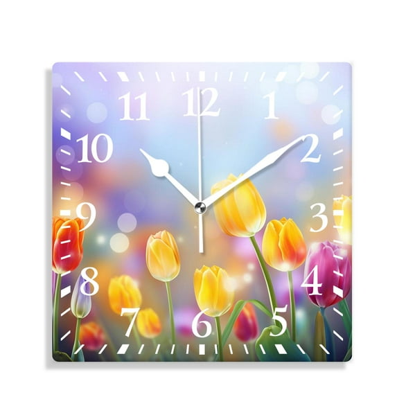 10 Inch Wall Clock Battery Operated Silent Clock Decorative for Office, Kitchen, Outdoor, Living RoomSpring Tulip Purple Flower Style