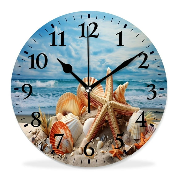 10 Inch Wall Clock Battery Operated Silent Clock Decorative for Office, Kitchen, Outdoor, Living RoomStarfish and Seashells on The Beach Cute Drawing