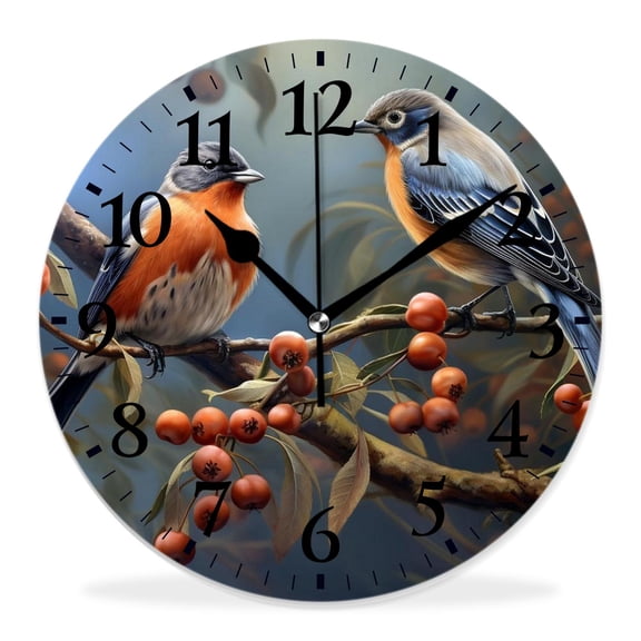 10 Inch Wall Clock Battery Operated Silent Clock Decorative for Office, Kitchen, Outdoor, Living RoomTwo Birds Bright Blue Berries Snow Beautiful
