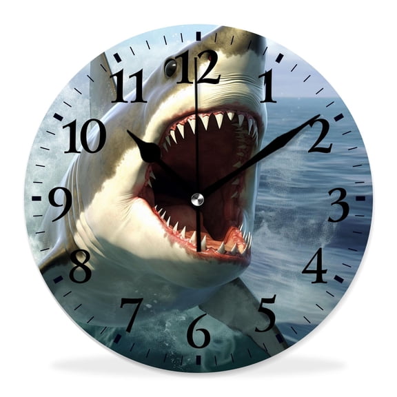 10 Inch Wall Clock Battery Operated Silent Clock Decorative for Office, Kitchen, Outdoor, Living RoomView of Great White Shark Jumping Beautiful Art