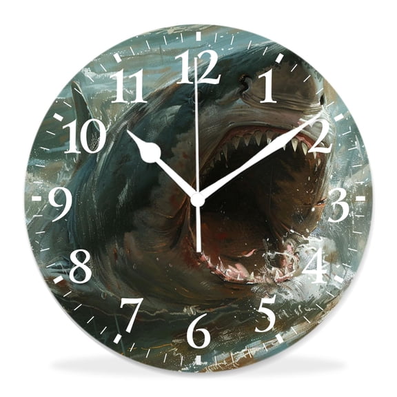 10 Inch Wall Clock Battery Operated Silent Clock Decorative for Office, Kitchen, Outdoor, Living RoomView of Great White Shark Jumping Charming