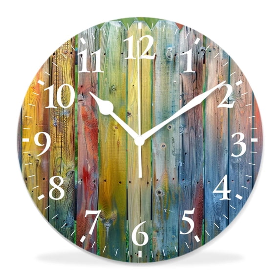 10 Inch Wall Clock Battery Operated Silent Clock Decorative for Office, Kitchen, Outdoor, Living Room,Vintage Rainbow Wood Brown Natural