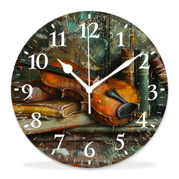 10 Inch Wall Clock Battery Operated Silent Clock Decorative for Office, Kitchen, Outdoor, Living Room，Violin Music Book Oil Watercolor Adorable