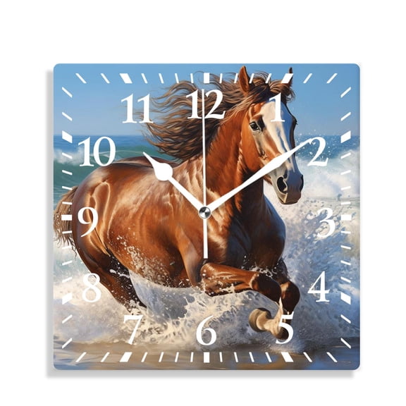 10 Inch Wall Clock Battery Operated Silent Clock Decorative for Office, Kitchen, Outdoor, Living RoomWild Running Horse at Beach Painting