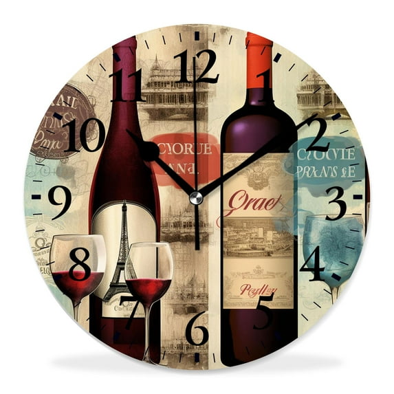 10 Inch Wall Clock Battery Operated Silent Clock Decorative for Office, Kitchen, Outdoor, Living RoomWine Bottles and Glasses Lovely Art
