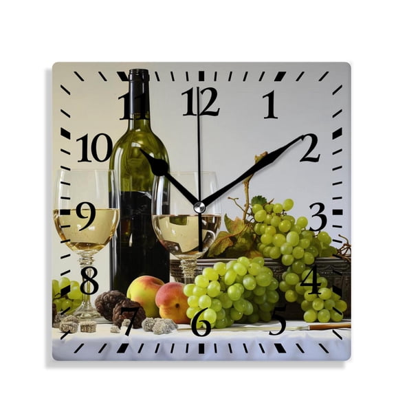 10 Inch Wall Clock Battery Operated Silent Clock Decorative for Office, Kitchen, Outdoor, Living RoomWine Grass Grape Fruit Wooden Image