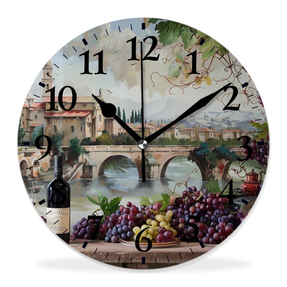 10 Inch Wall Clock Battery Operated Silent Clock Decorative for Office, Kitchen, Outdoor, Living RoomWine Italy Landscape Rural Vineyard attractive