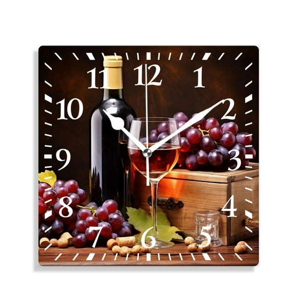 10 Inch Wall Clock Battery Operated Silent Clock Decorative for Office, Kitchen, Outdoor, Living RoomWine and Ripe Grapes on Wooden Table Art