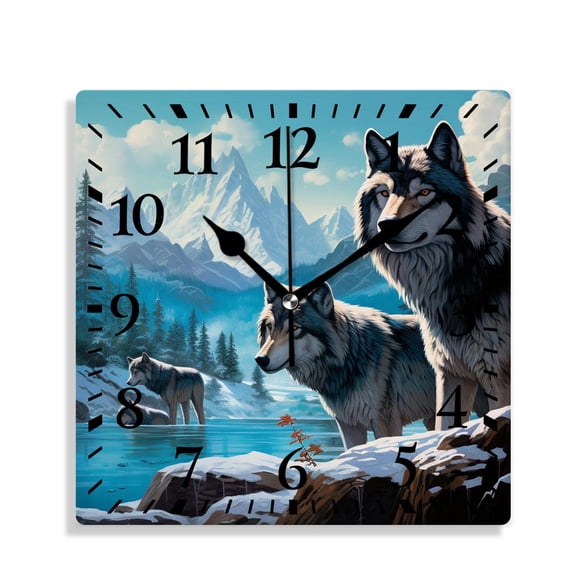 10 Inch Wall Clock Battery Operated Silent Clock Decorative for Office, Kitchen, Outdoor, Living RoomWinter Wolf Family 3D forest Animals Picture