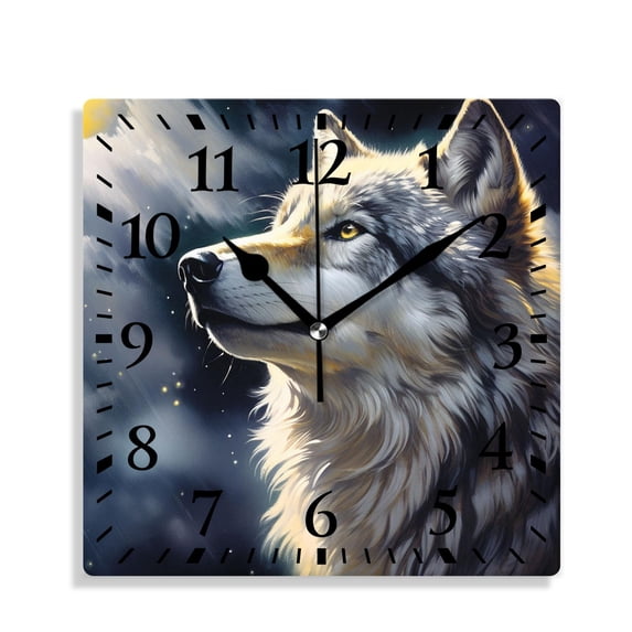 10 Inch Wall Clock Battery Operated Silent Clock Decorative for Office, Kitchen, Outdoor, Living RoomWolf Animal Moon Cute Drawing