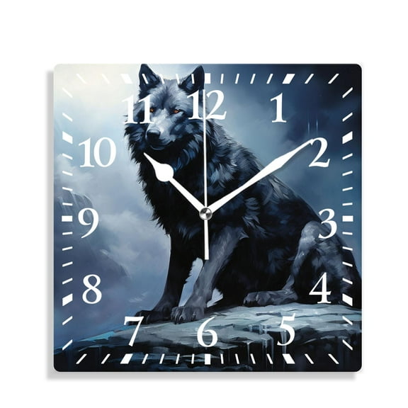 10 Inch Wall Clock Battery Operated Silent Clock Decorative for Office, Kitchen, Outdoor, Living RoomWolf Full Moon Blue Night Sky Cloud Design