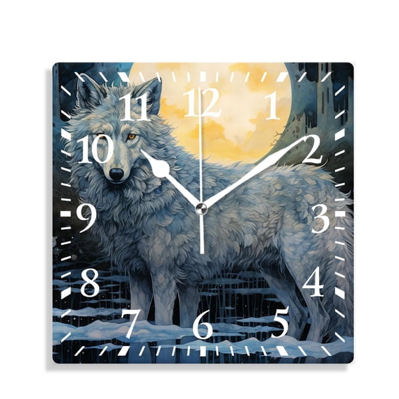 10 Inch Wall Clock Battery Operated Silent Clock Decorative for Office, Kitchen, Outdoor, Living RoomWolf Tree Moon Starry Design