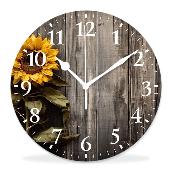 10 Inch Wall Clock Battery Operated Silent Clock Decorative for Office, Kitchen, Outdoor, Living RoomYellow Sunflower Brown Burlap Print
