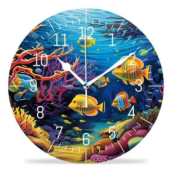 10 Inch Wall Clock Battery Operated Silent Clock Decorative for Office, Kitchen, Outdoor, Living RoomAnimals on Colorful And Bright Coral Reef Ocean Art