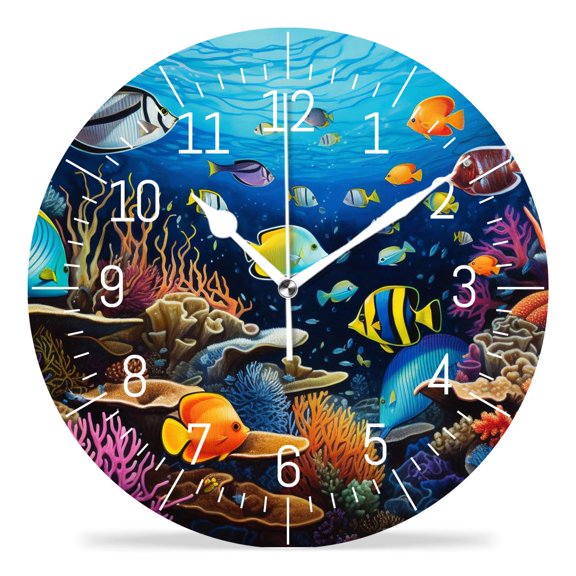 10 Inch Wall Clock Battery Operated Silent Clock Decorative for Office, Kitchen, Outdoor, Living RoomAnimals on Colorful And Bright Coral Reef Ocean Creative Design