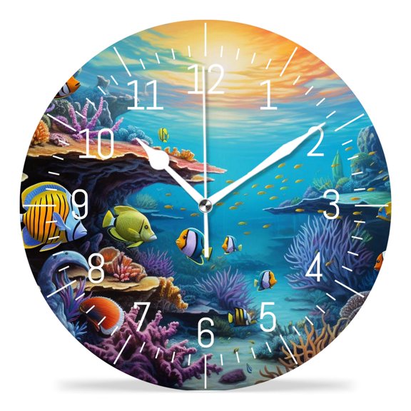 10 Inch Wall Clock Battery Operated Silent Clock Decorative for Office, Kitchen, Outdoor, Living RoomAnimals on Colorful And Bright Coral Reef Ocean Painting