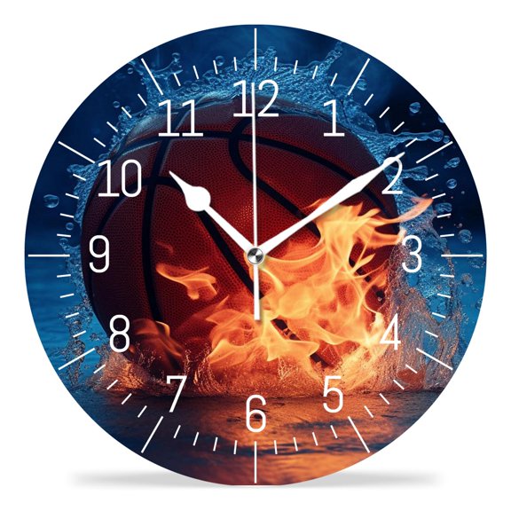 10 Inch Wall Clock Battery Operated Silent Clock Decorative for Office, Kitchen, Outdoor, Living RoomBasketball in Fire Flames And Splashing Water Lovely Art