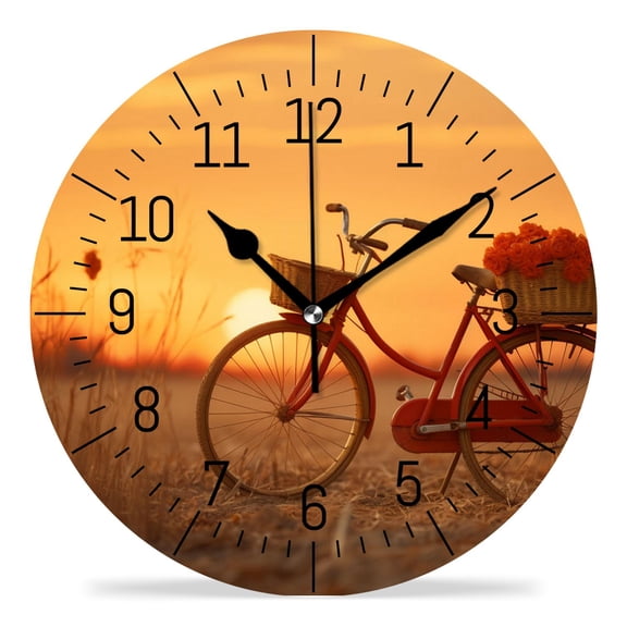10 Inch Wall Clock Battery Operated Silent Clock Decorative for Office, Kitchen, Outdoor, Living RoomBeautiful Bicycle Sunset Landscape Nature Drawing