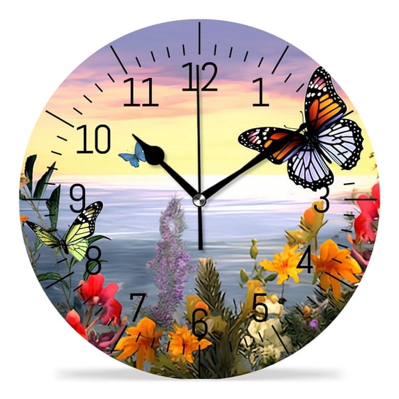 10 Inch Wall Clock Battery Operated Silent Clock Decorative for Office, Kitchen, Outdoor, Living Room,Beautiful Fresh Flowers with Fluttering Butterflies Pattern