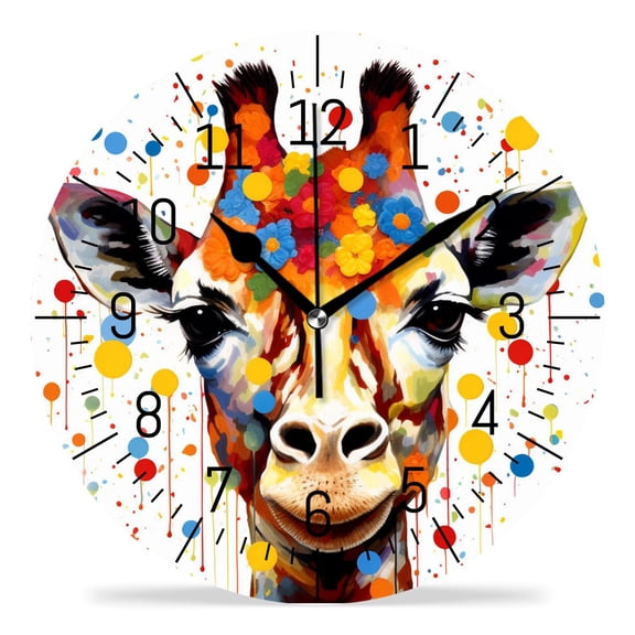 10 Inch Wall Clock Battery Operated Silent Clock Decorative for Office, Kitchen, Outdoor, Living Room，Cartoon Giraffe Running Flower Floral Print Colorful