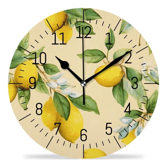 10 Inch Wall Clock Battery Operated Silent Clock Decorative for Office, Kitchen, Outdoor, Living RoomCitrus Fruit Lemons with Green Leaves And Flowers Beautiful Pattern