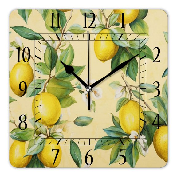 10 Inch Wall Clock Battery Operated Silent Clock Decorative for Office, Kitchen, Outdoor, Living RoomCitrus Fruit Lemons with Green Leaves and Flowers Cute
