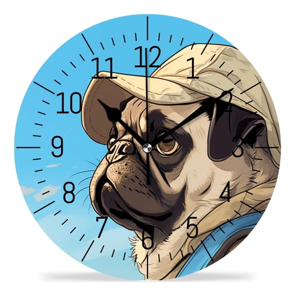 10 Inch Wall Clock Battery Operated Silent Clock Decorative for Office, Kitchen, Outdoor, Living RoomCute Cartoon Pug Dog with Backpack Blue Illustration